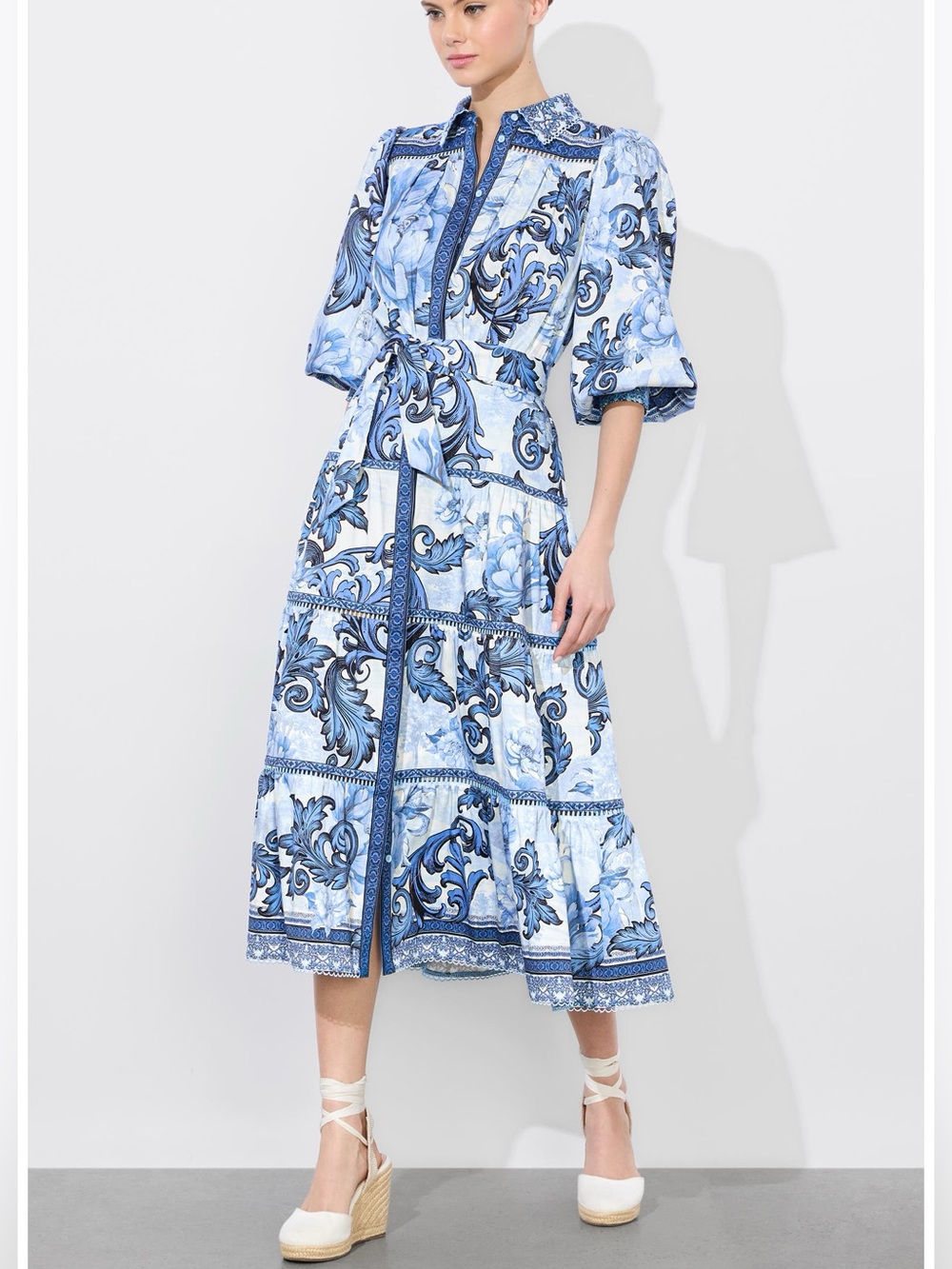 Alice + Olivia Blue White GENEVA TIERED BLOUSON SLEEVE MIDI SHIRT DRESS Sz S